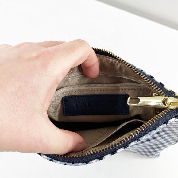 Talbots Leather Gingham Print Zip Top Pouch Wristlet Wallet Blue White - Picture 4 of 6